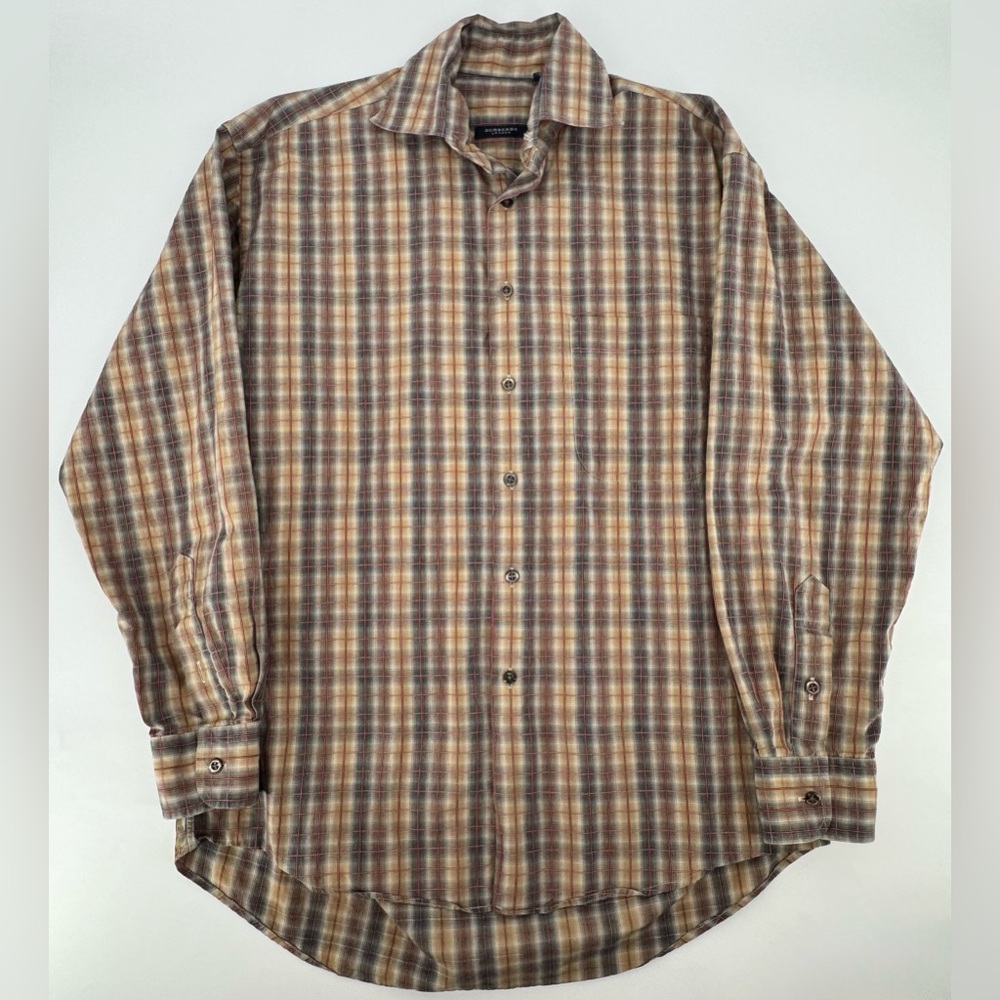 Burberry Men’s Plaid Seersucker L/S Button-Up Shirt in Beige and Red. Medium